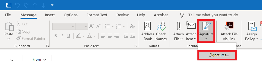 Image shows Signature highlighted as a large icon in the ribbon.
