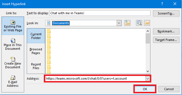 Image displays hyperlink inserted into dialogue box.