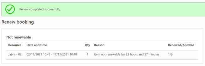 Screenshot of the connect2 page showing that the renewal was completed successfully