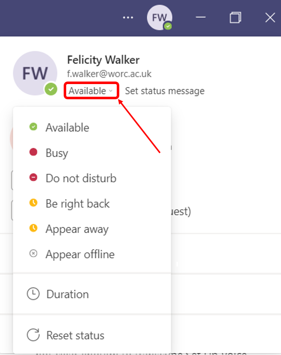 Microsoft Teams availability status menu, selected from the profile option, with the down button selected.