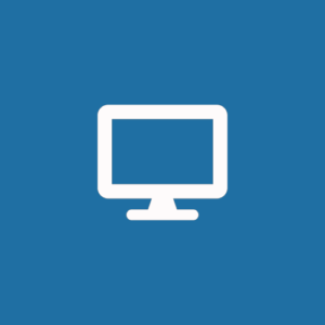 White computer icon on a blue background.